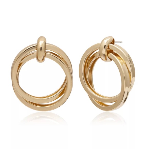 Gold Double Circle Drop Earrings - Picture 7 of 7